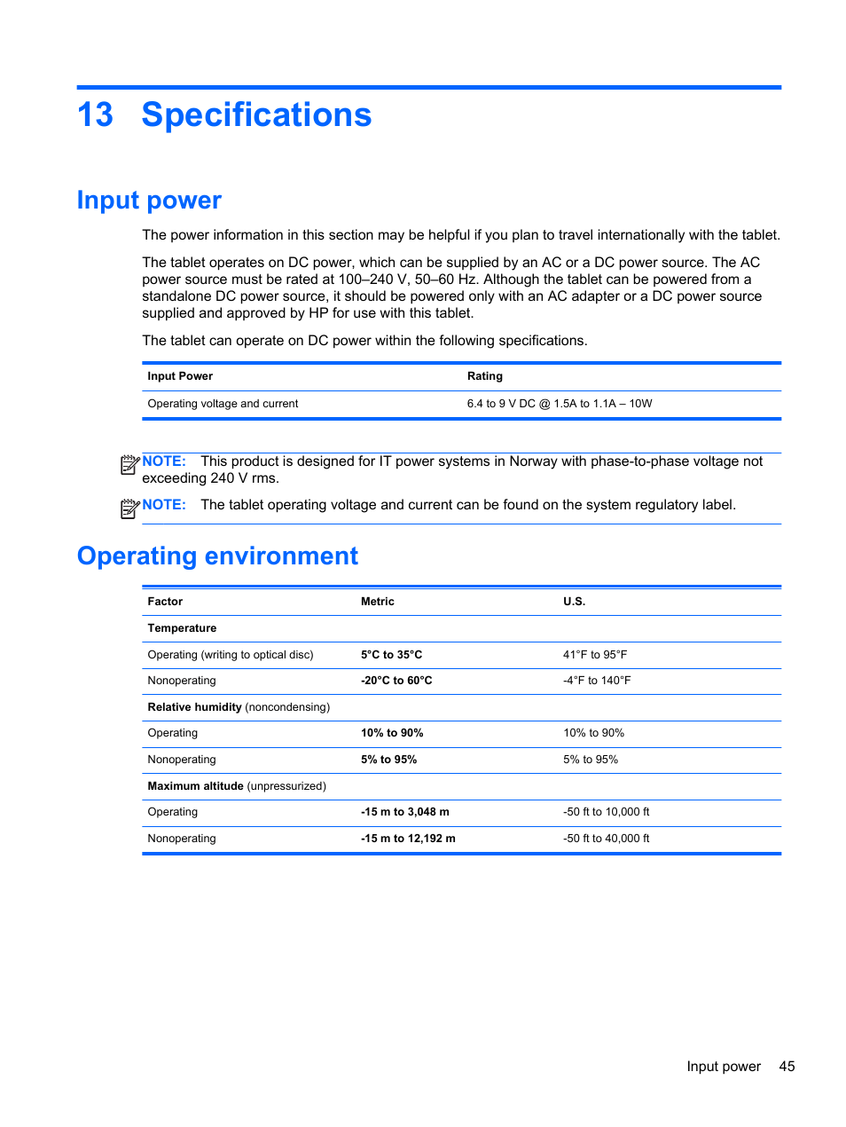 Specifications, Input power, Operating environment | HP ElitePad 900 G1