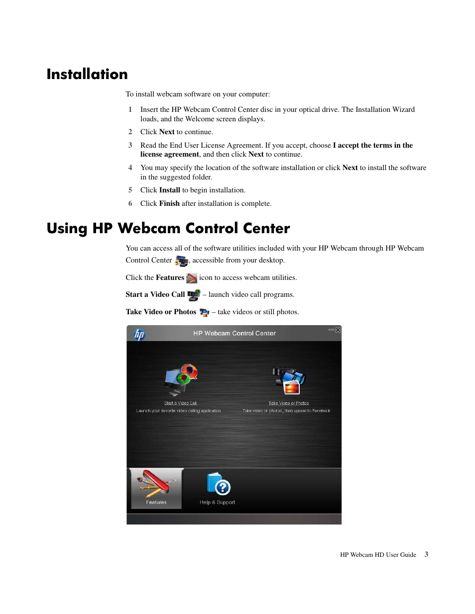 Installation, hp webcam control center | HP HD 2300 Webcam User Page 7 / 12