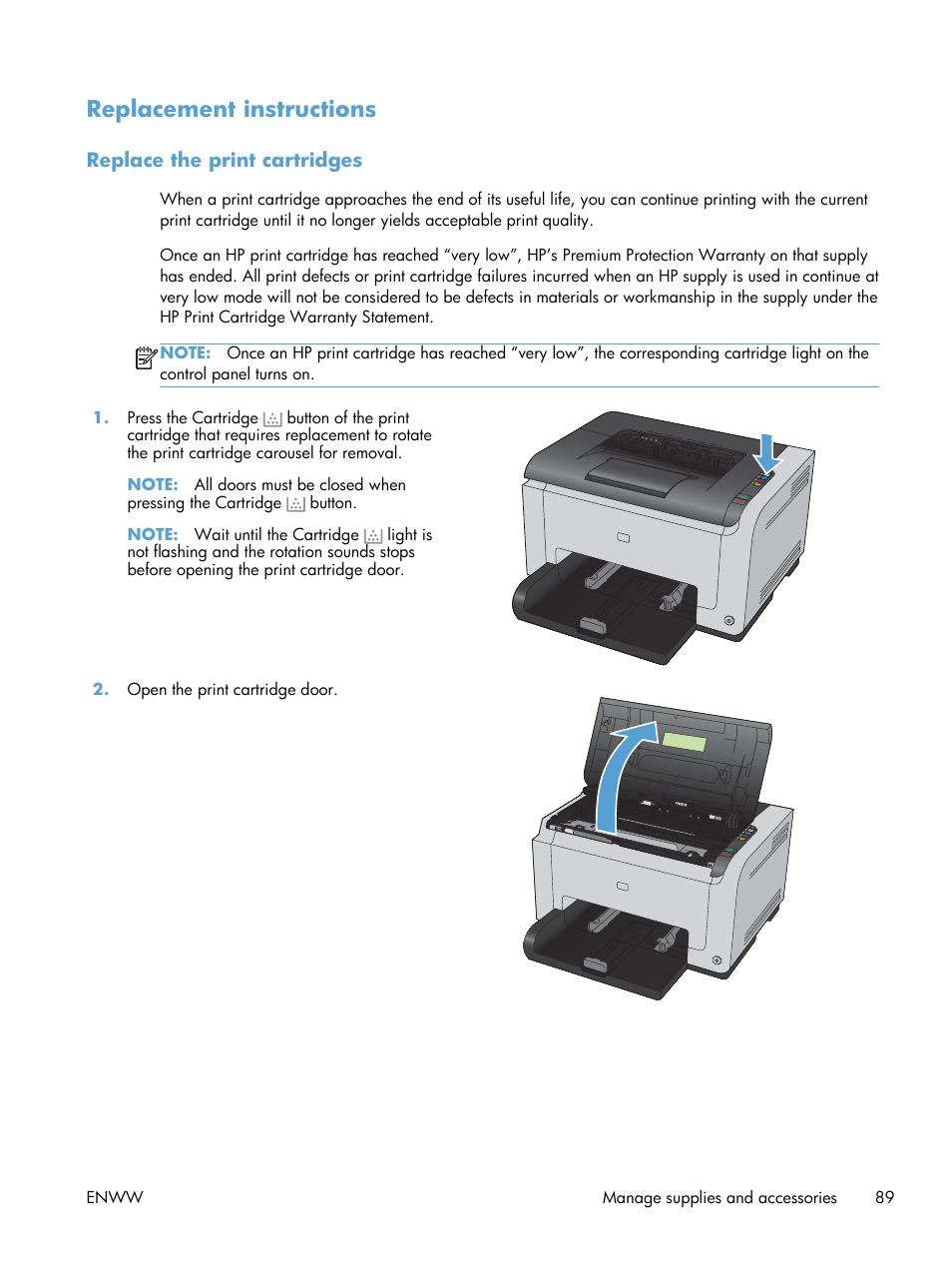 belastning Lære udenad damper Replacement instructions, Replace the print cartridges | HP LaserJet Pro CP1025nw  Color Printer User Manual | Page 101 / 186