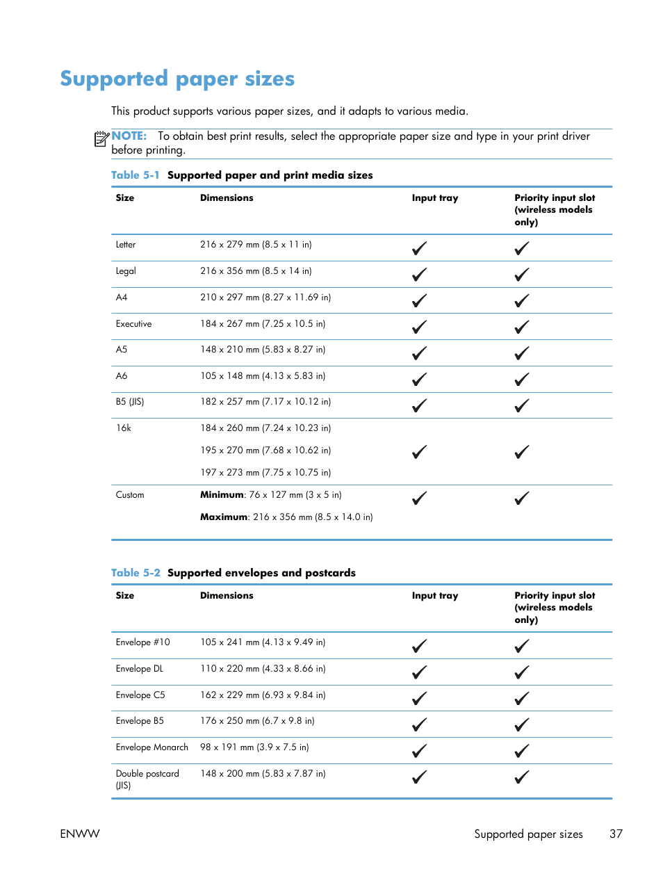 Supported paper sizes | HP LASERJET PRO P1102w User Manual | Page 51