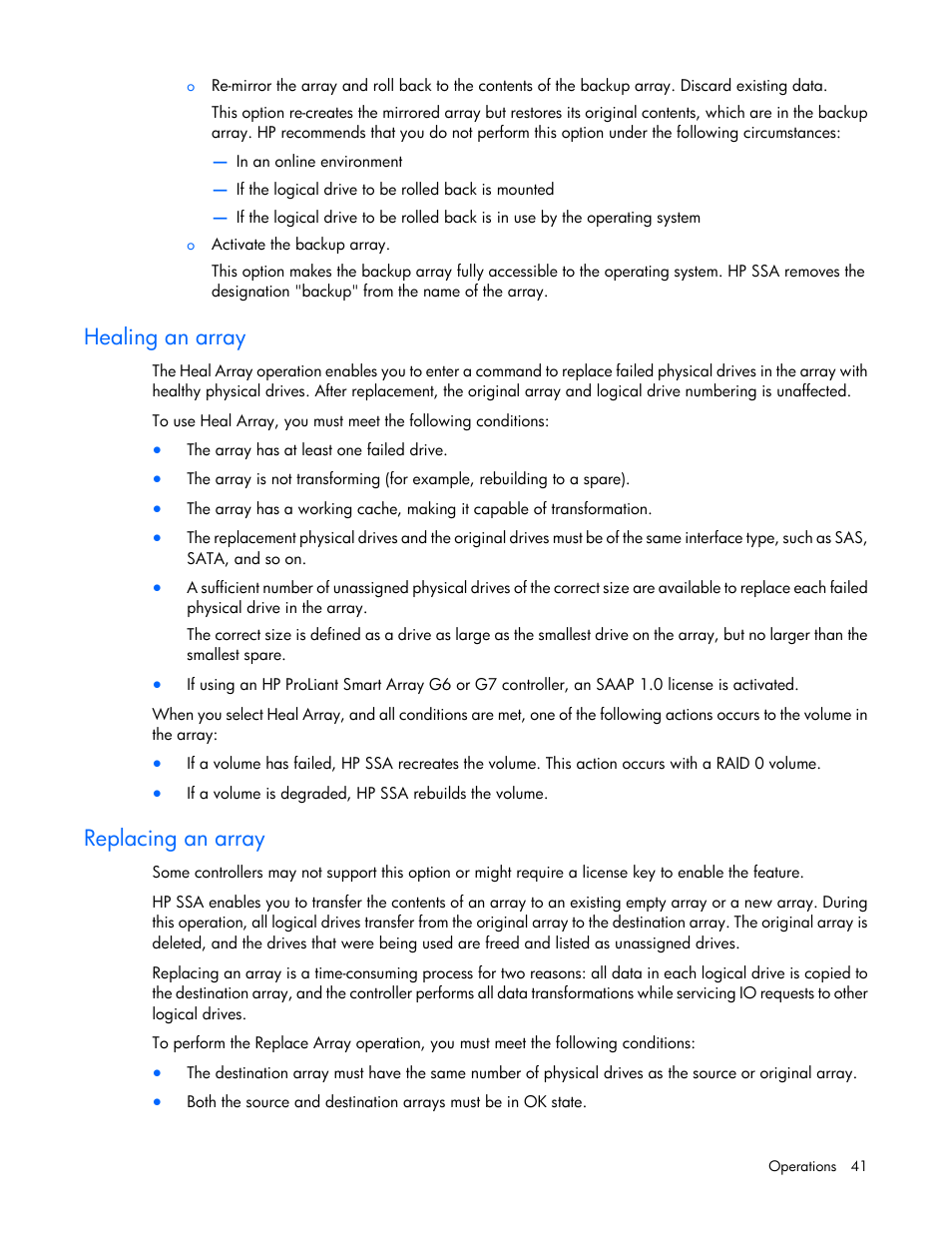 Healing an array, Replacing an array | HP Smart Storage Administrator User  Manual | Page 41 / 127