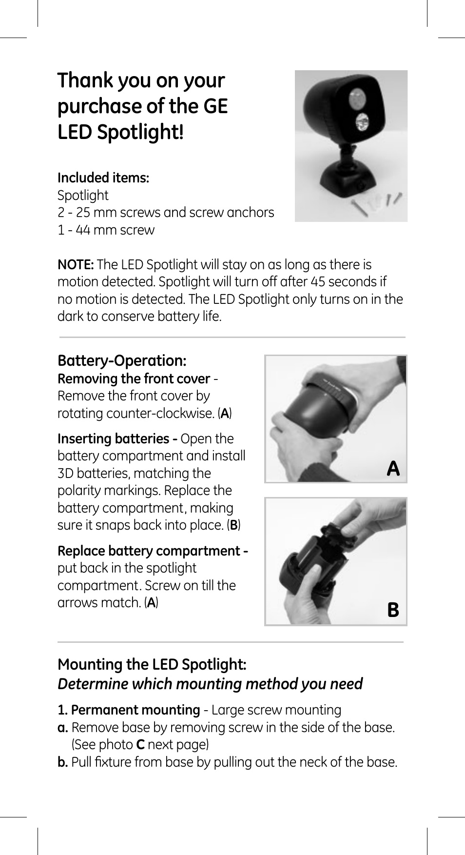 GE 17453 Wireless Motion Sensing LED Spotlight User Manual | Page 2 / 6