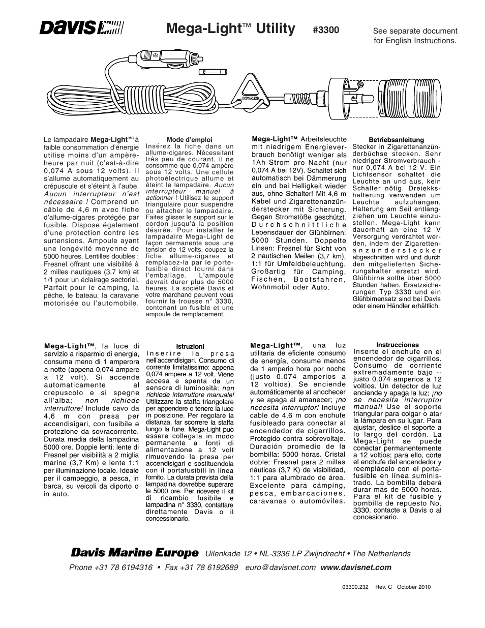 DAVIS Mega-Light Utility User Manual | 3 pages | Original mode