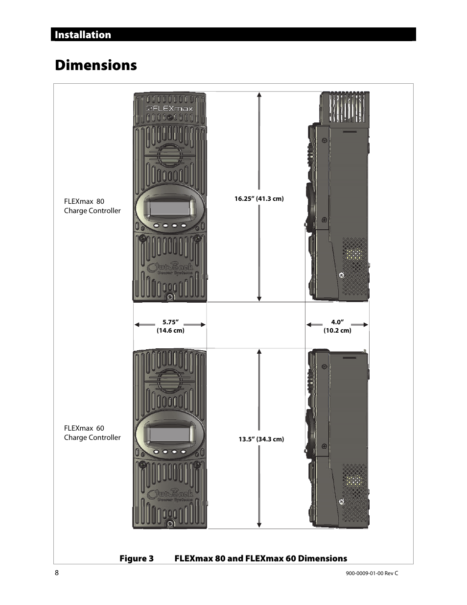 Dimensions, Installation | Outback Power Systems FLEXmax 80 Owners