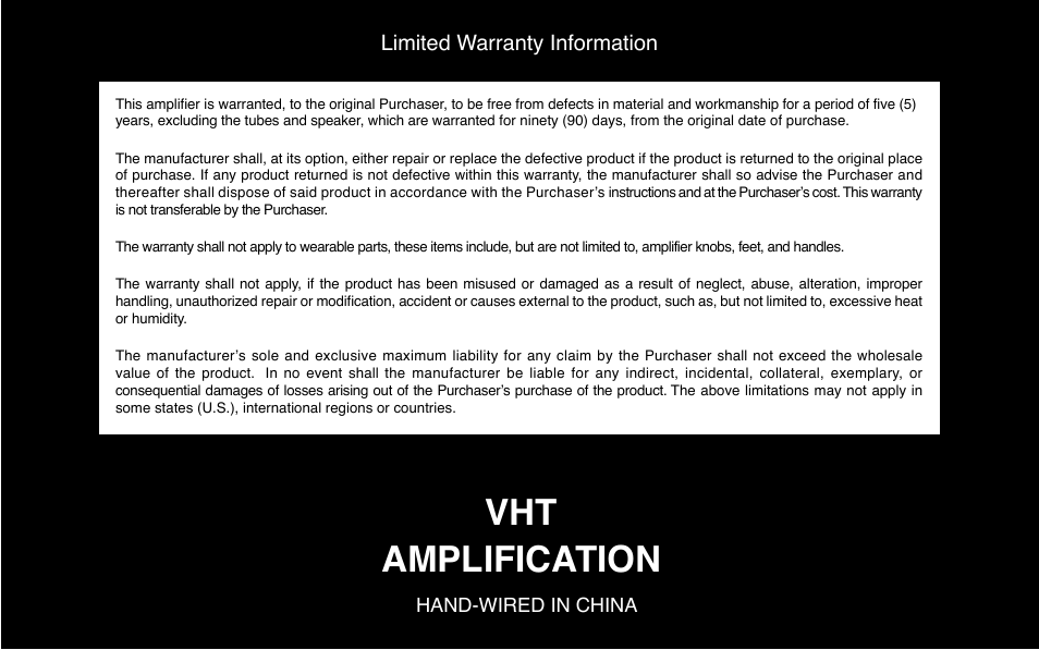 Vht amplification, Limited warranty information | VHT Special 6 Ultra