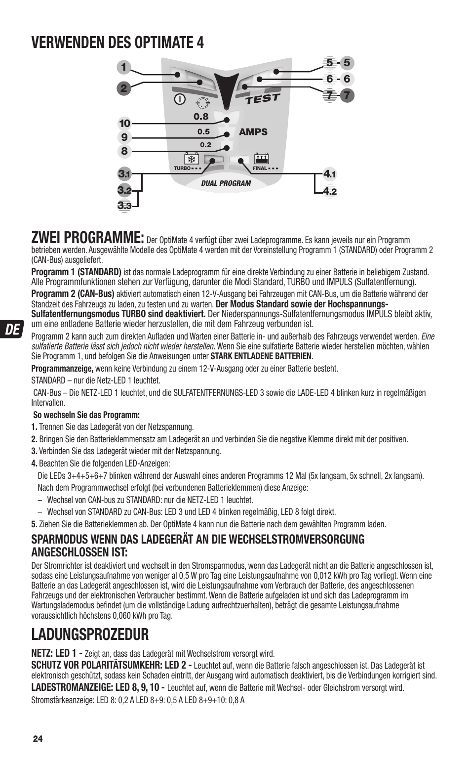 Verwenden des optimate 4, Zwei programme, Ladungsprozedur | TecMate ...