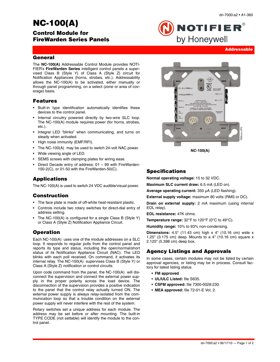Notifier nc 100 r user manual 2 pages original mode