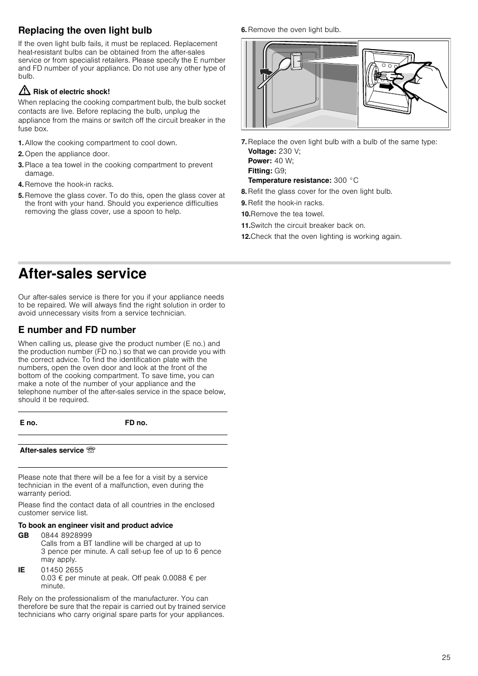 Replacing the oven light bulb, Risk of electric shock, Allow the cooking compartment cool down | Siemens HV541ANS0 User Manual | 25 / 72 | Original mode