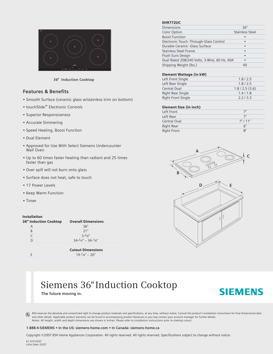 Siemens 36inc Induction Cooktop User Manual 1 Page