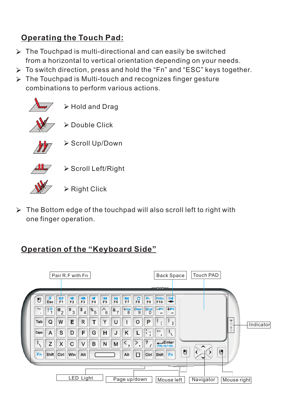页 12, Operating the touch pad, Operation of the “keyboard side | iPazzPort SY-20-19VC-0 User Manual | Page 12 / 22