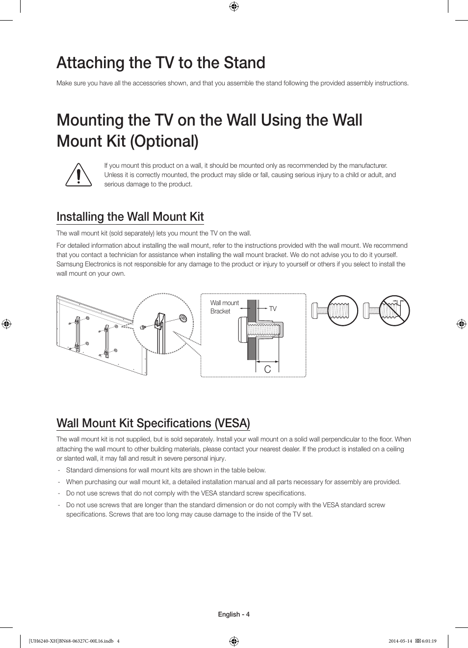02 Assembling The Tv Attaching The Tv To The Stand Installing The Wall Mount Kit Samsung Ue60h6270ss User Manual Page 4 321 Original Mode