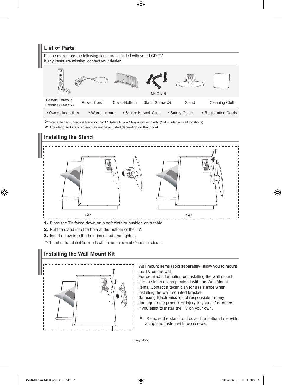 Connecting And Preparing Your Tv List Of Parts Installing The Stand Samsung Le37s62b User Manual Page 4 2 Original Mode