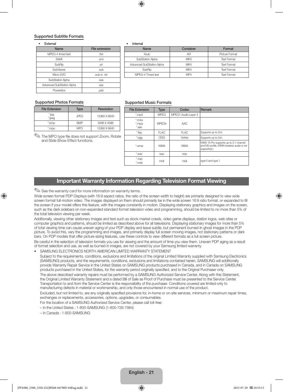 English - 21 | Samsung PN51F4550AFXZA User Manual | Page 21 / 22