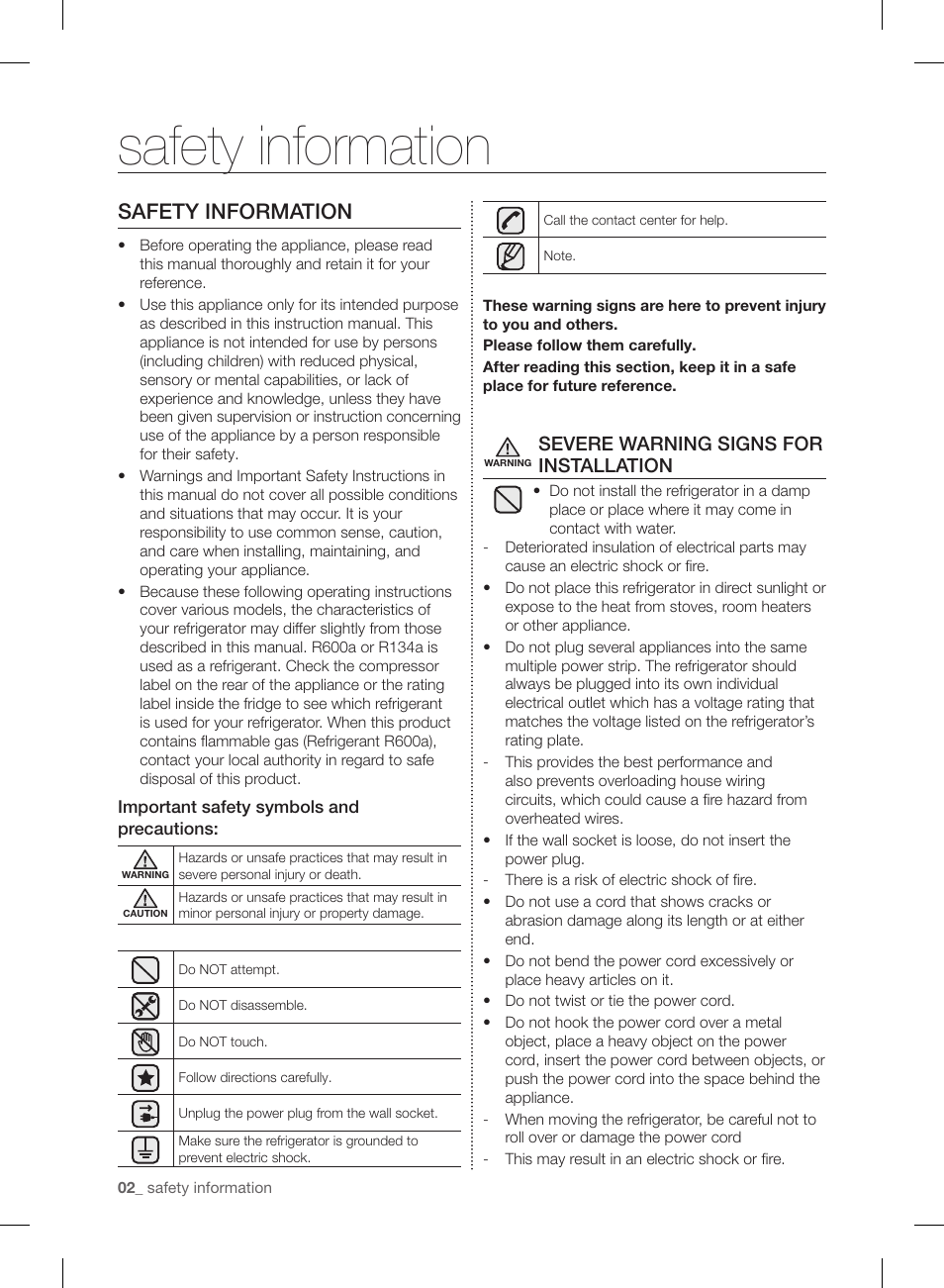 Safety information, Severe warning signs for installation | Samsung