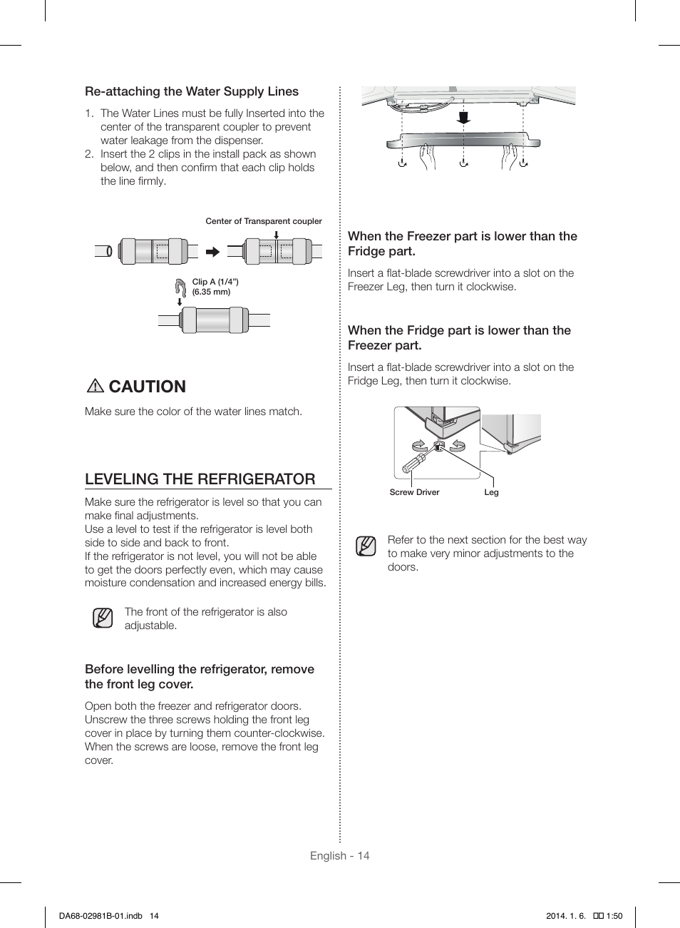 Caution, Leveling the refrigerator | Samsung RS25H5121SR-AA User Manual