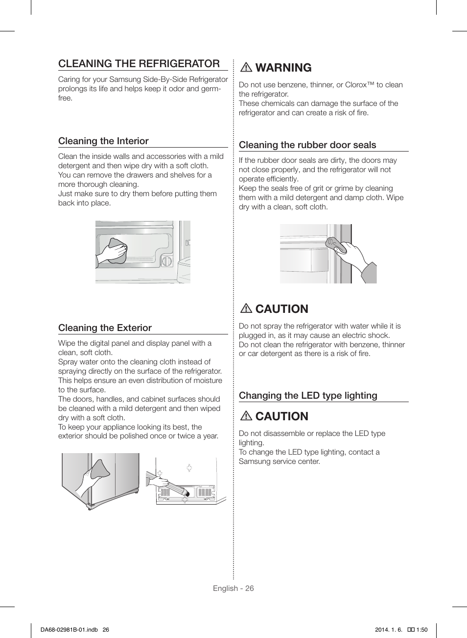 Warning, Caution, Cleaning the refrigerator | Samsung RS25H5121SR-AA