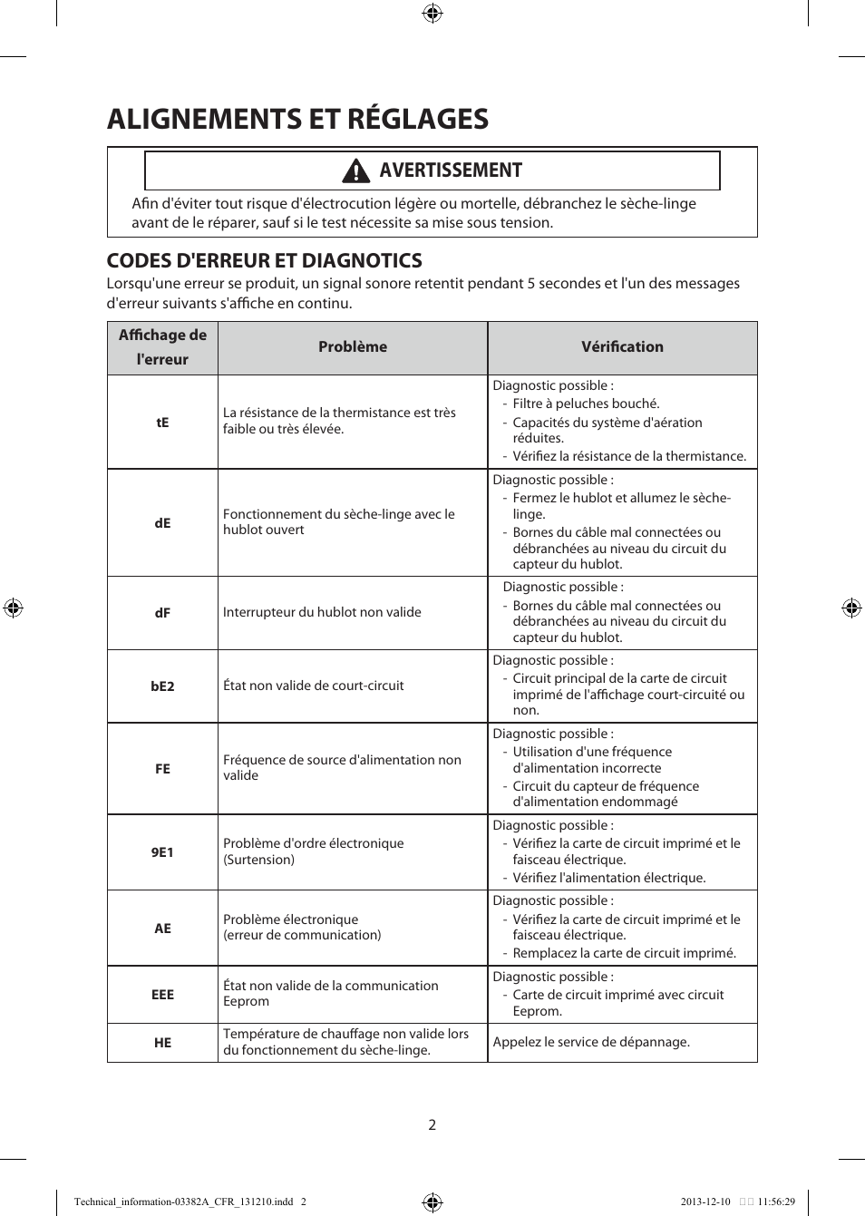 Alignements et réglages, Codes d'erreur et diagnotics, Avertissement