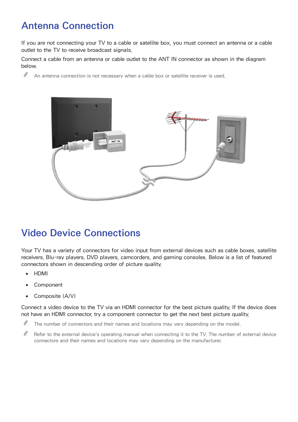 Connecting antenna and external devices, Antenna connection, Video