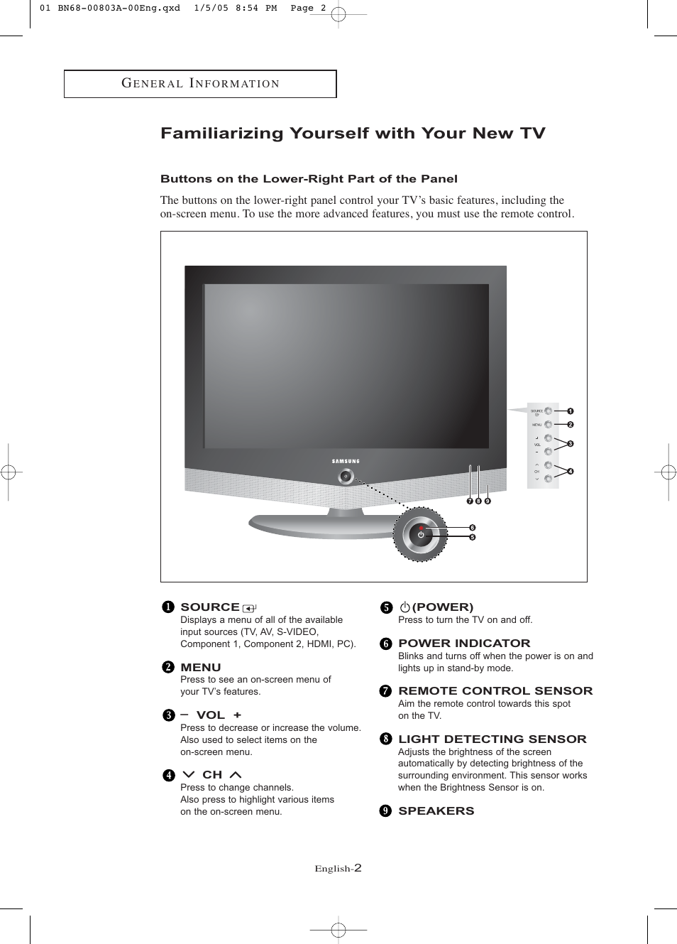 Familiarizing yourself with your new tv, Buttons on the lower-right
