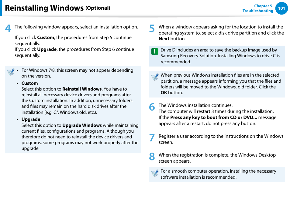 Reinstalling Windows Samsung Dp500a2d K01ub User Manual Page 102 136