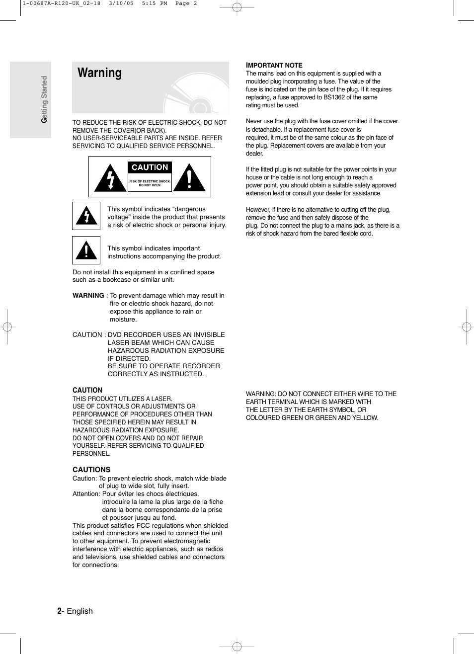 Warning | Samsung DVD-R120-XAA User Manual | Page 2 / 95 | Original mode
