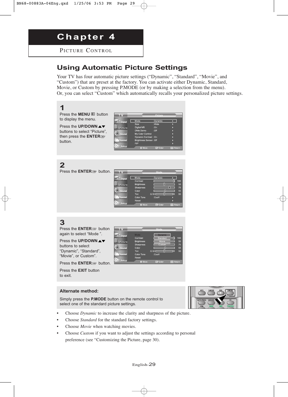 Chapter 4: picture control, Using automatic picture settings | Samsung