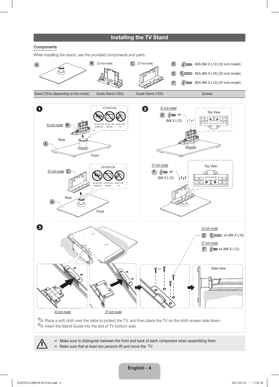 Installing The Tv Stand English 4 Samsung Ln46d550k1fxza User Manual Page 4 19 Original Mode