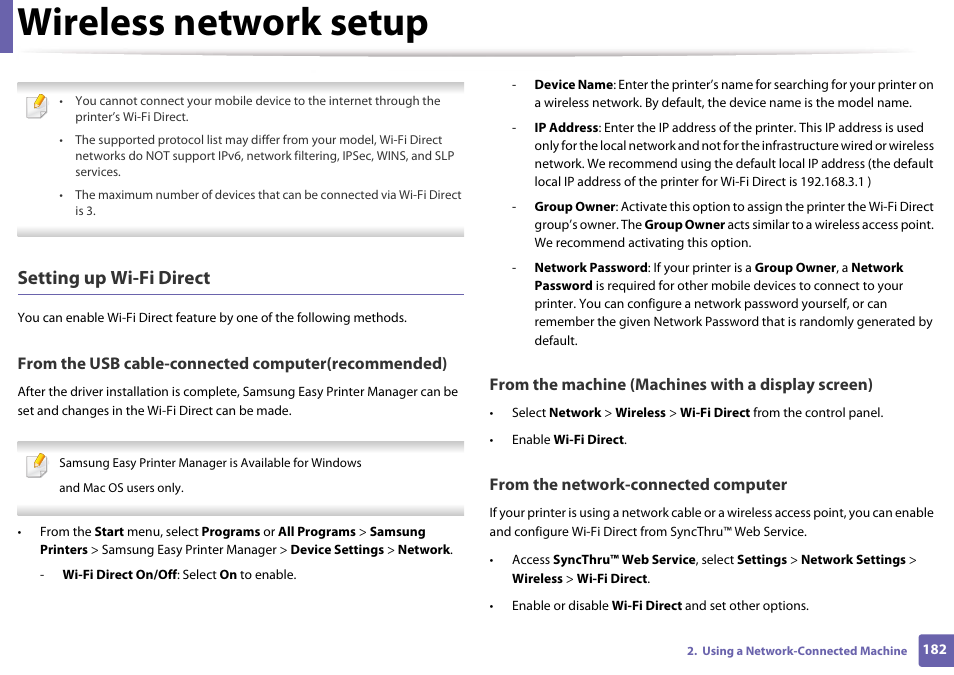 Wireless Network Setup Setting Up Wi Fi Direct Samsung Clx 3305w Xpe User Manual Page 182 334