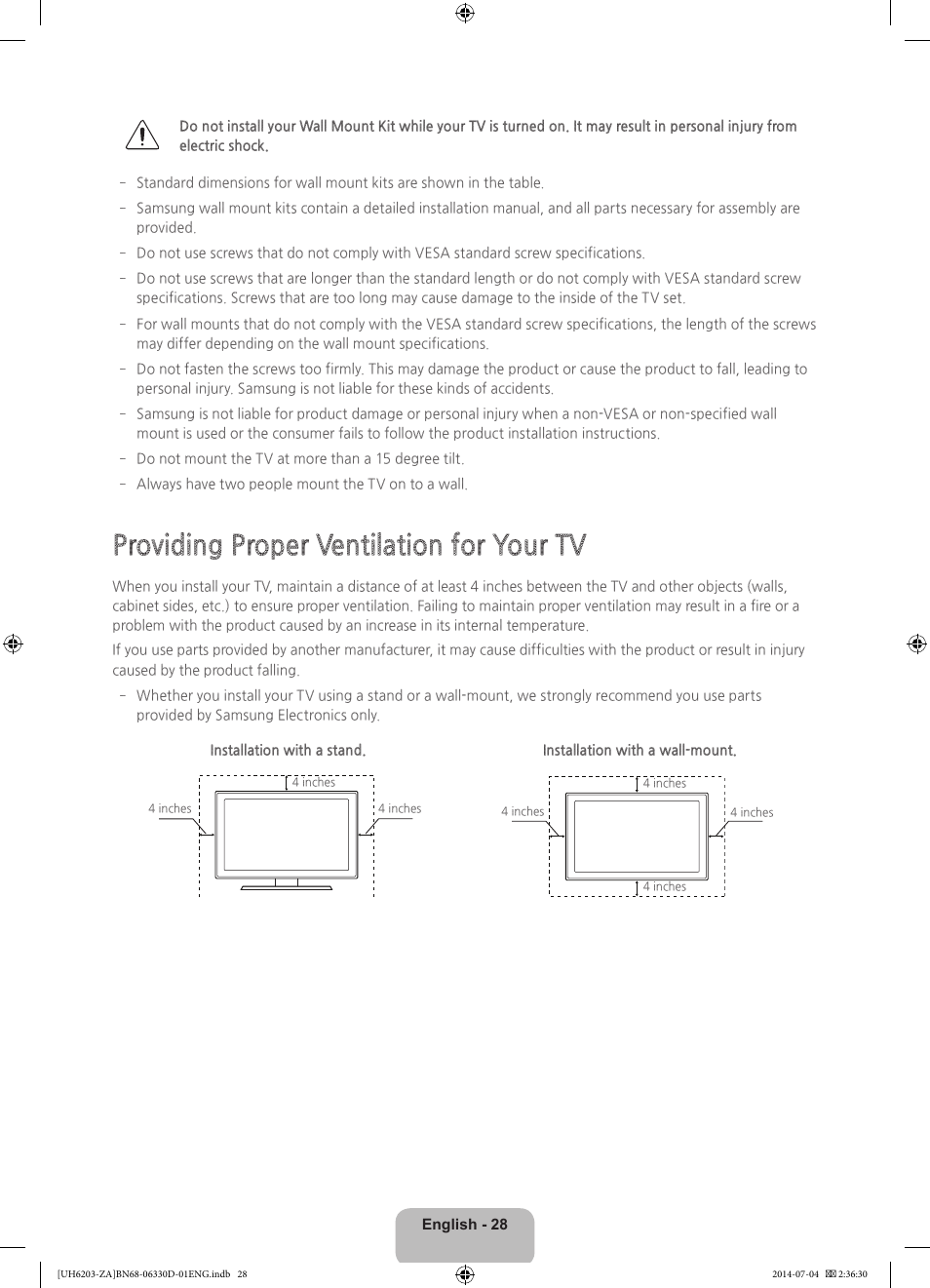 Providing proper ventilation for your tv | Samsung UN40H5201AFXZA User