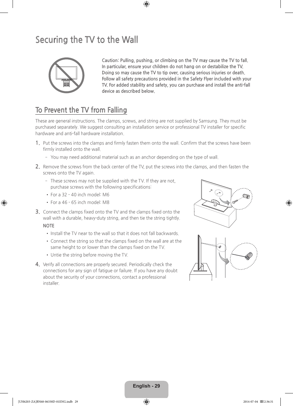 Securing the tv to the wall | Samsung UN40H5201AFXZA User Manual | Page