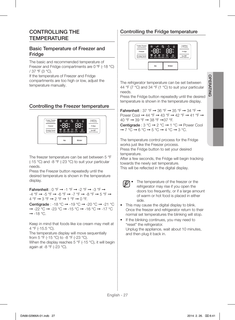 Controlling the temperature, Basic temperature of freezer and fridge