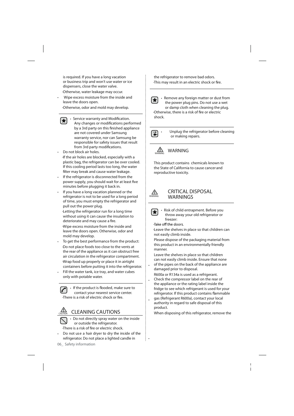 Cleaning cautions, Critical disposal warnings, Warning | Samsung