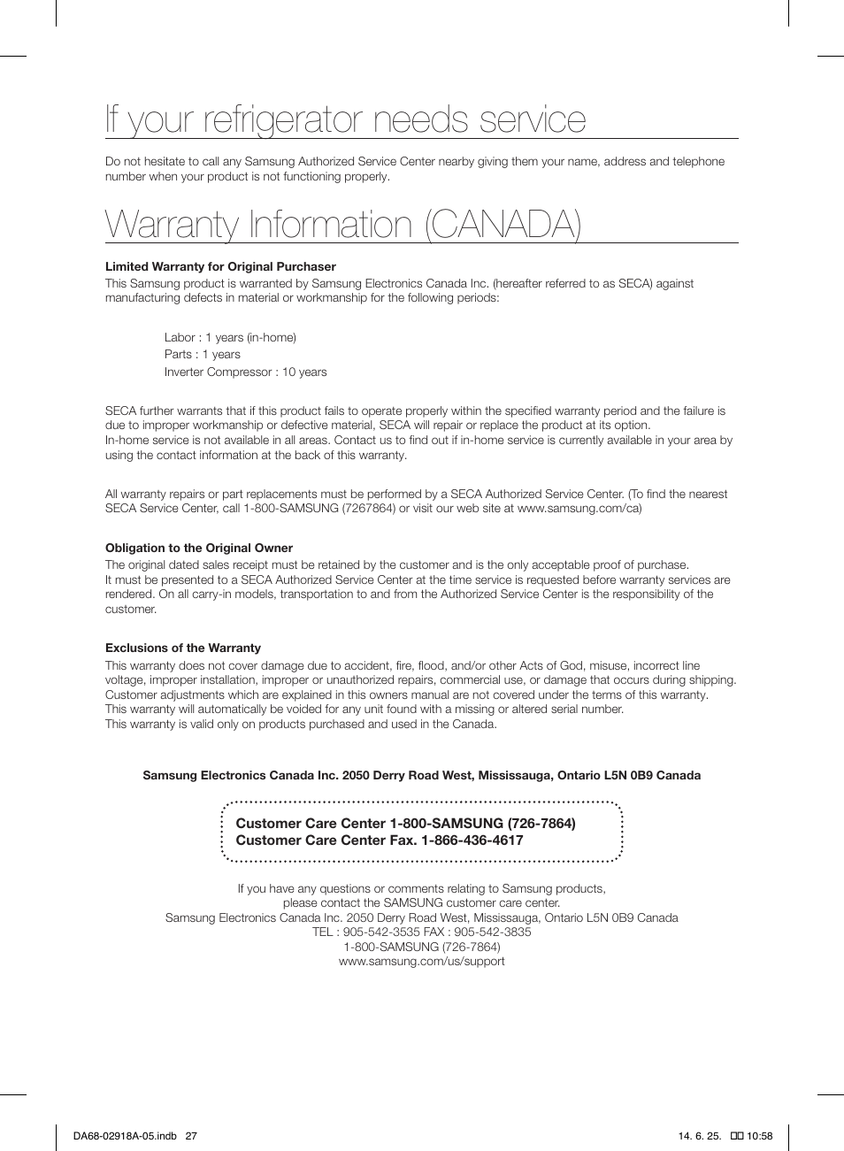 If your refrigerator needs service, Warranty information (canada