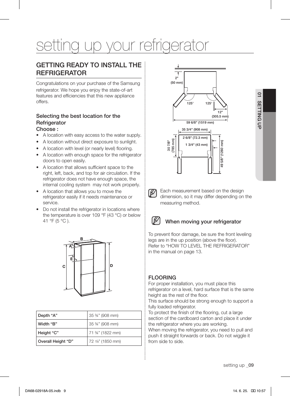 Setting up your refrigerator, Getting ready to install the refrigerator