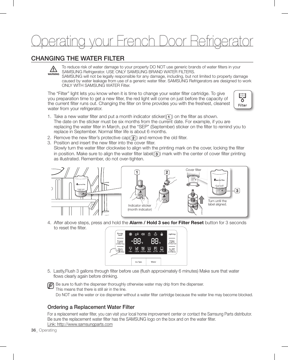 Changing The Water Filter Operating Your French Door Refrigerator Samsung Rfg298aars Xaa User Manual Page 36 42 Changing The Water Filter Operating Your French Door Refrigerator Samsung Rfg298aars Xaa User Manual Page 36 42