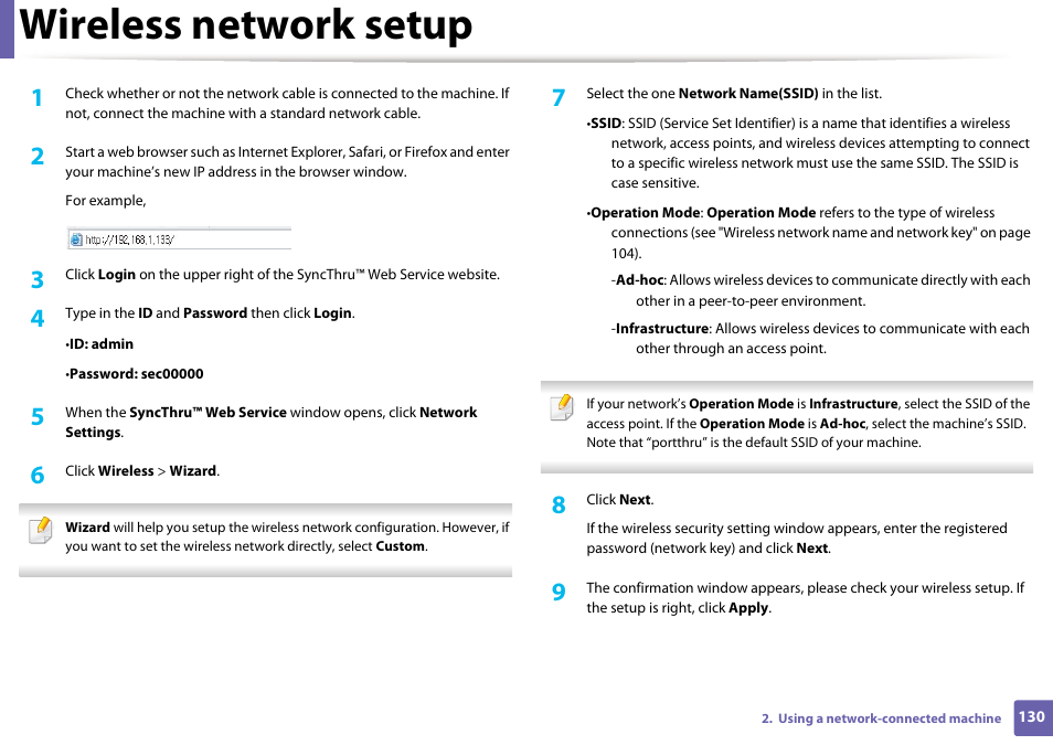 Wireless Network Setup Samsung Ml 2165w Xac User Manual Page 130 211