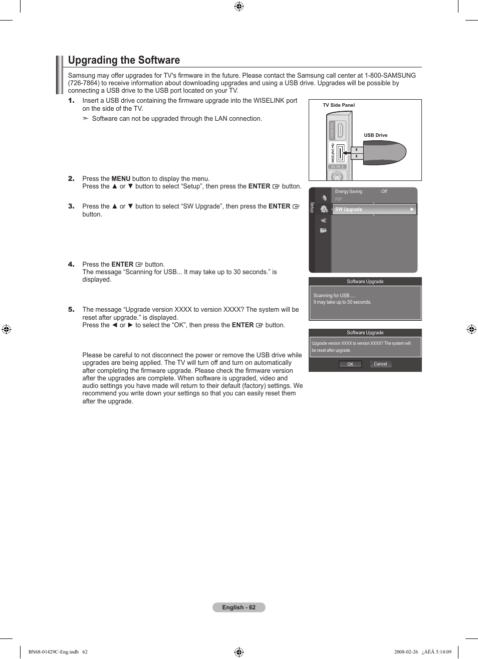Upgrading the software | Samsung LN46A650A1FXZA User Manual | Page 64 / 222