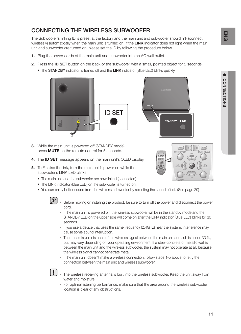 skammel Napier pension Connecting the wireless subwoofer, Conn e ctions | Samsung HW-FM55C-ZA User  Manual | Page 11 / 26