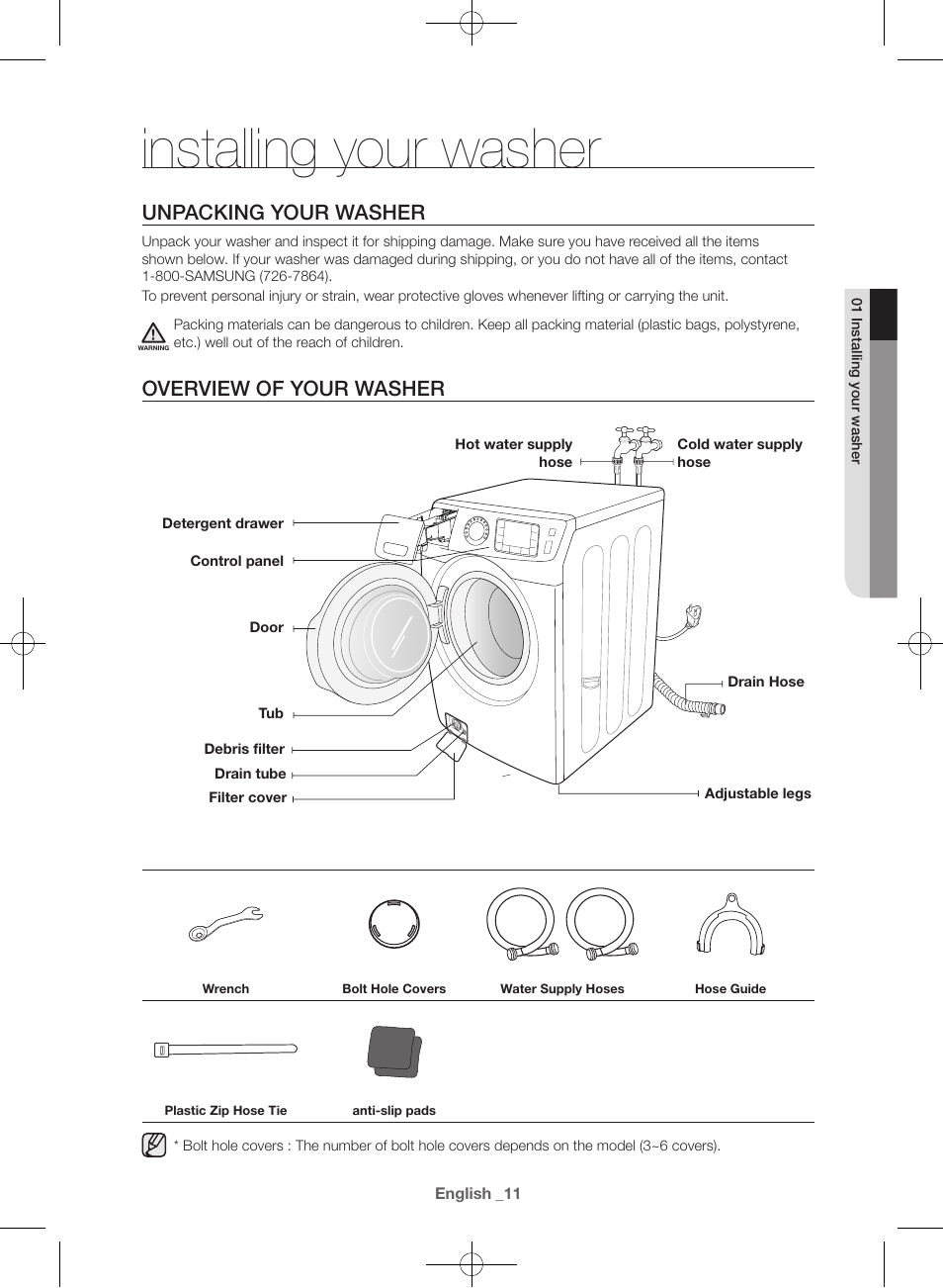 Installing your washer, Unpacking your washer, Overview of your washer