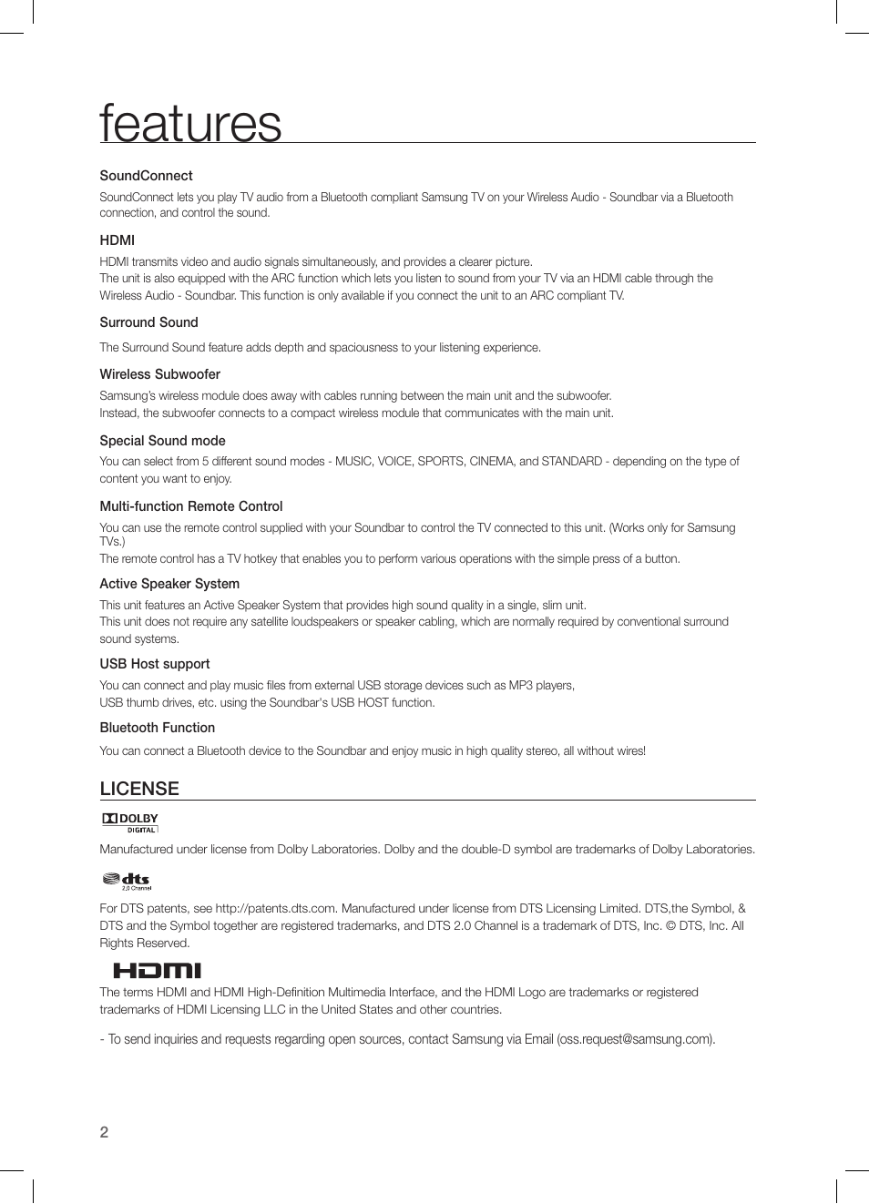 Features, License | Samsung HW-H550-ZA User Manual | Page 2 / 26