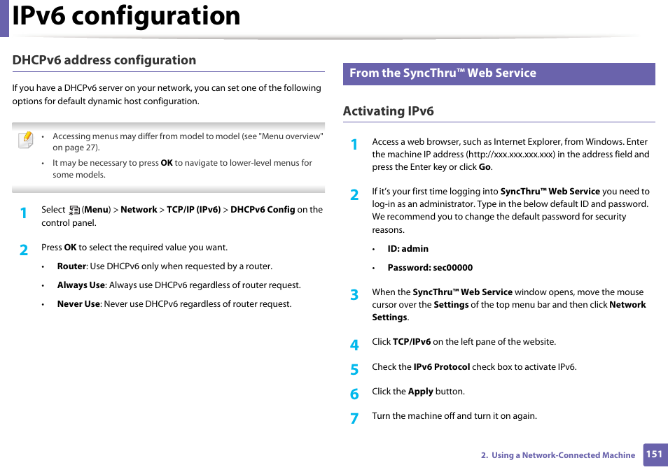 Ipv6 configuration, Dhcpv6 address configuration, Activating ipv6