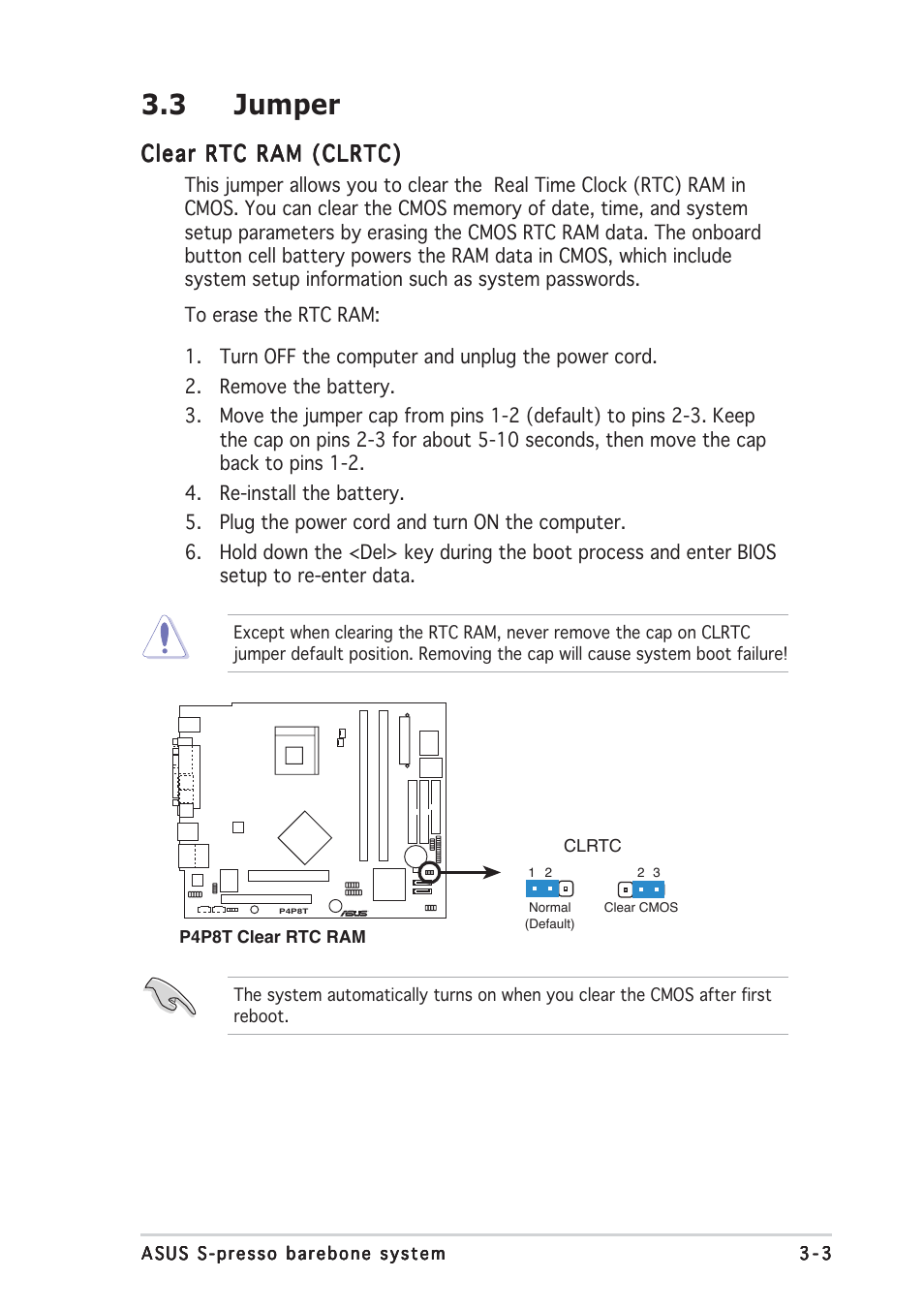 3 jumper, Clear rtc ram (clrtc) | Asus System S-presso User Manual | Page 45 / 106 | Original mode