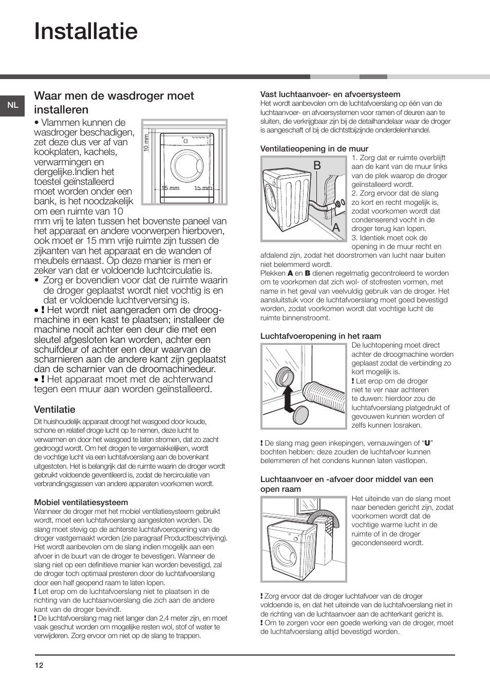 Restricciones Culpa Moviente Installatie, Waar men de wasdroger moet installeren, Electrische  aansluiting | Indesit IDV-75-(EU) User Manual | Page 12 / 70 | Original mode