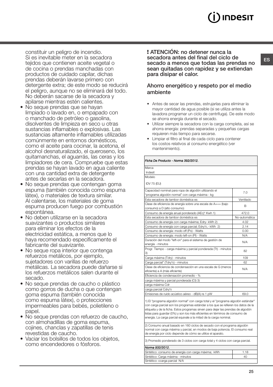 Ese global rotación Advertencias, Seguridad general | Indesit IDV-75-(EU) User Manual | Page 25  / 70 | Original mode