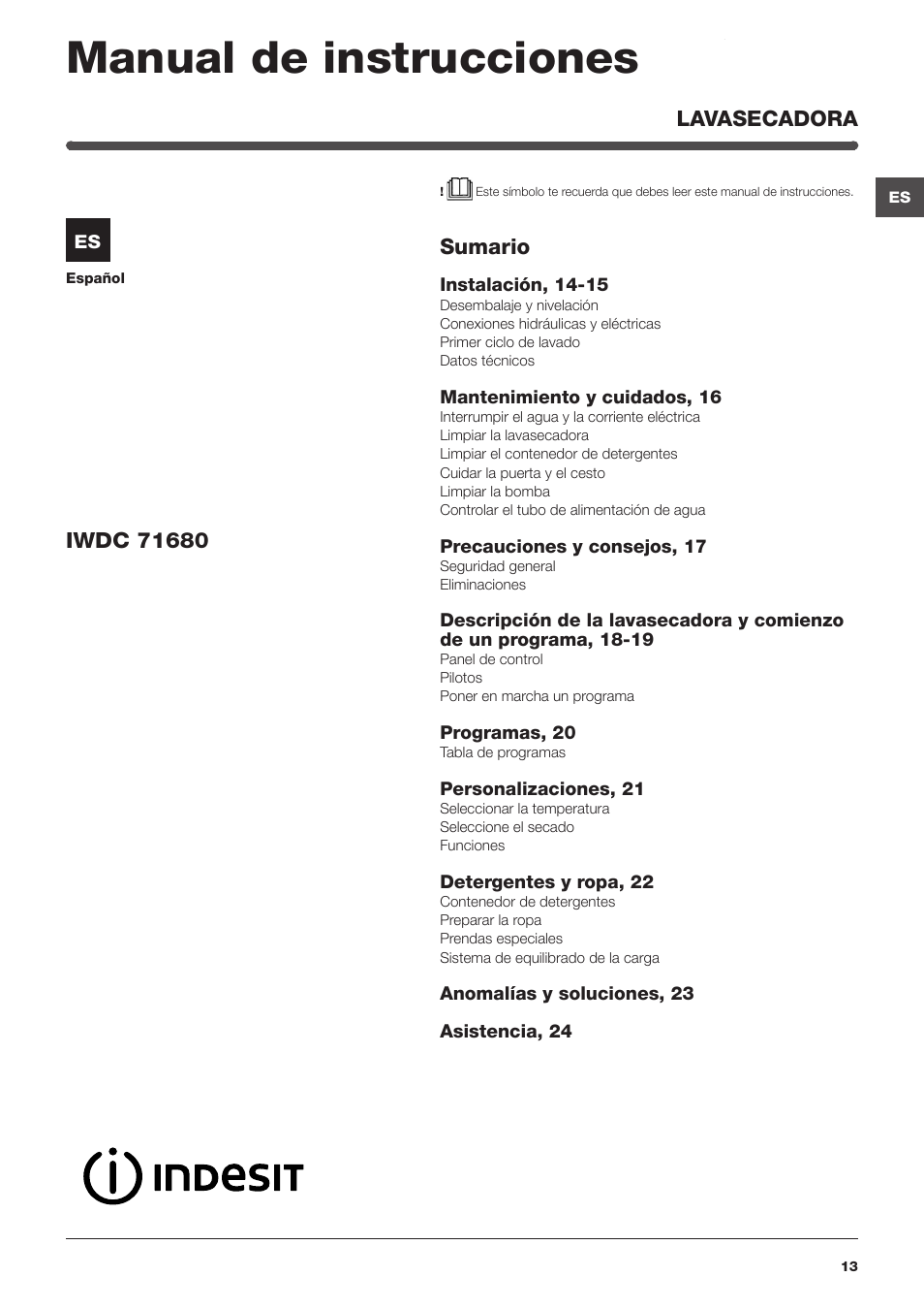 reptiles autobiografía Influencia Manual de instrucciones, Sumario, Lavasecadora | Indesit IWDC-71680-ECO-(EU)  User Manual | Page 13 / 84