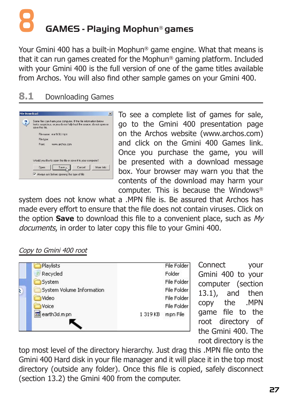 8 games - playing mophun, Games, Downloading games | ARCHOS 400 User Manual  | Page 27 / 68 | Original mode
