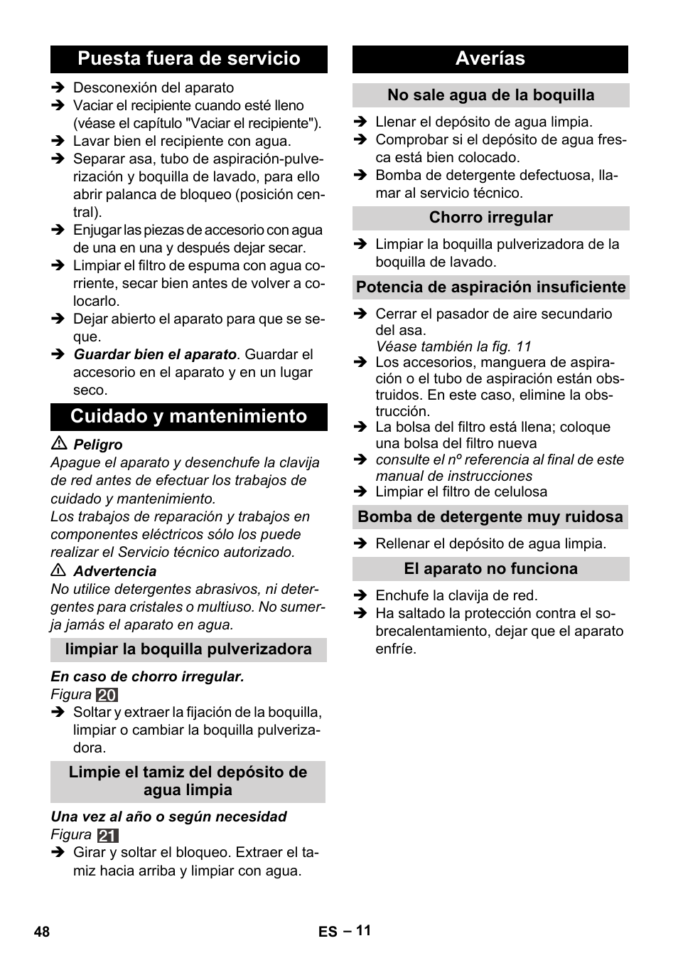 Puesta fuera de servicio cuidado y mantenimiento, Averías | Karcher SE 4002  User Manual | Page 48 / 226