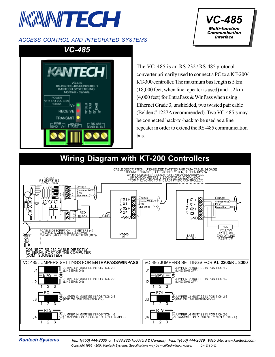 Kantech VC-485 User Manual | 2 pages ethernet cable wiring order 