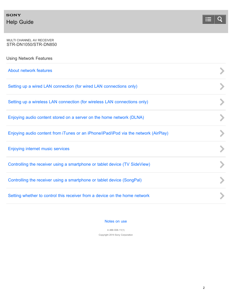 Using network features, Help guide | Sony STR-DN1050 User Manual | Page