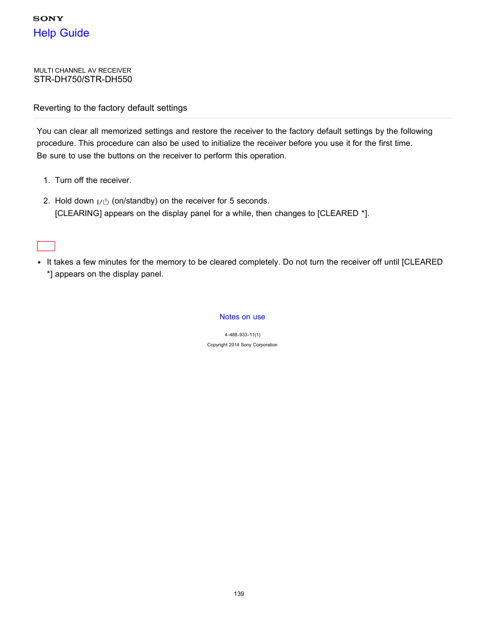 Reverting to the factory default settings, Help guide | Sony STR-DH750